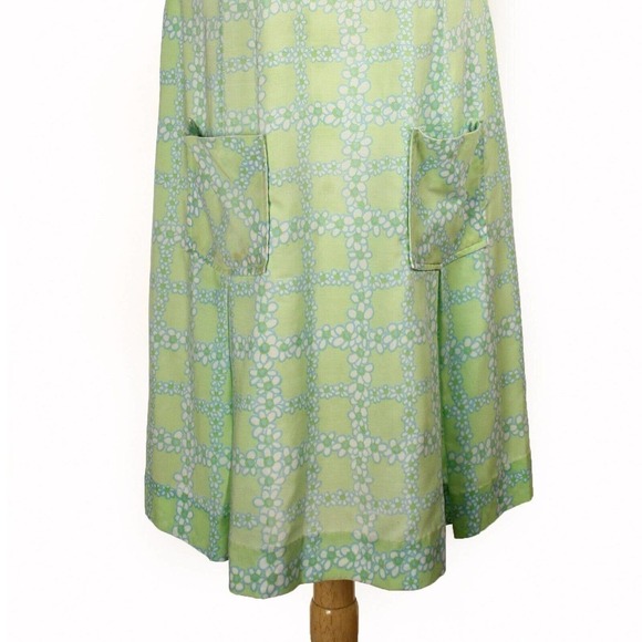 Vintage Sleeveless Day Dress Green & White Flower Print 2 Pockets Sz L - Hey Viv - Picture 3 of 8